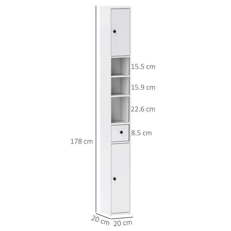 COLONNA BAGNO SALVASPAZIO CON 2 ARMADIETTI 3 RIPIANI APERTI E CASSETTO IN LEGNO 20X20X178 CM BIANCO