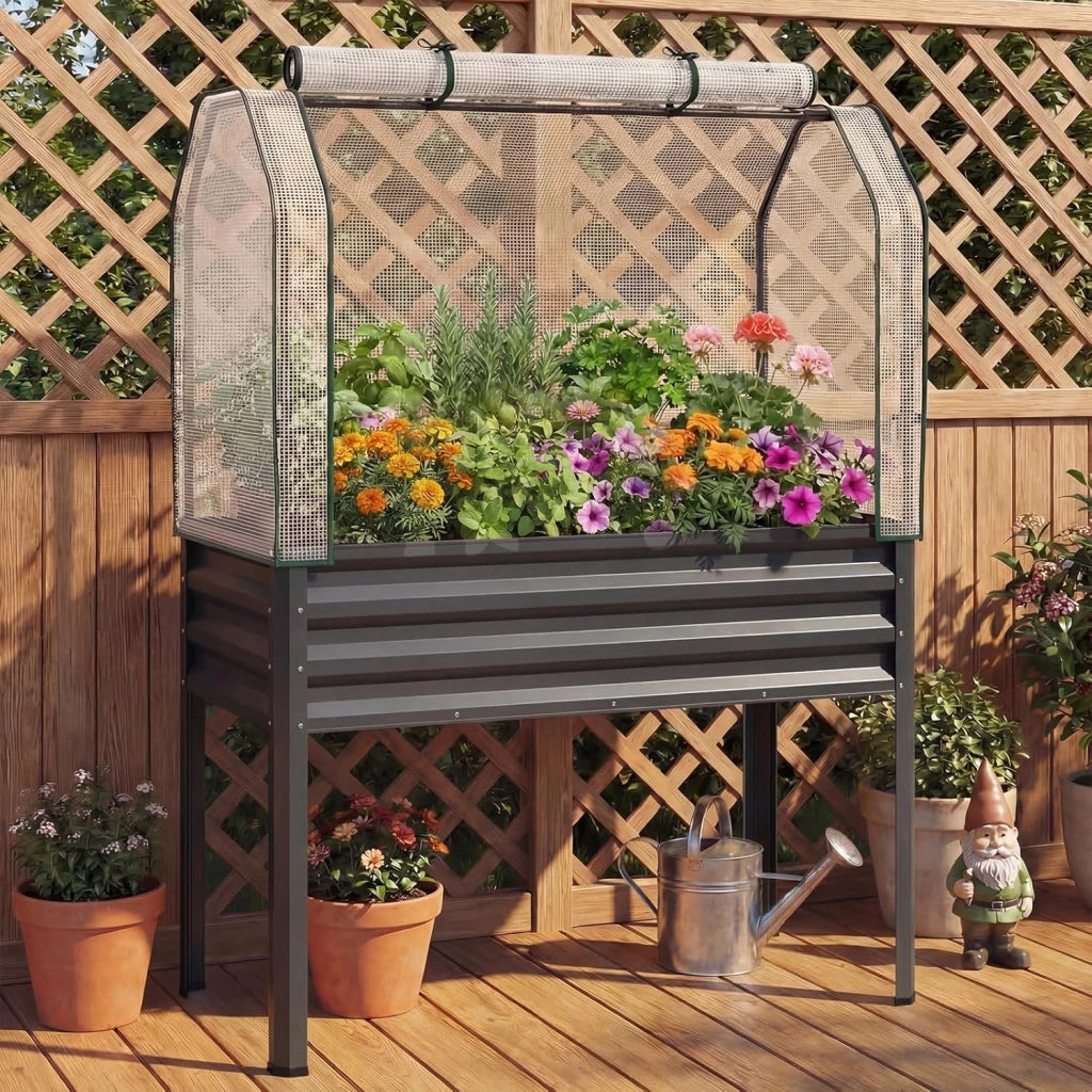 Orto Rialzato da Esterno con Serra, Fioriera Rialzata con Copertura in PE, Porta Avvolgibile con Cerniera e Guanti, Aiuola Rialzata per Verdure, Fiori e Frutta, 112 x 55 x 152 cm (Grigio)