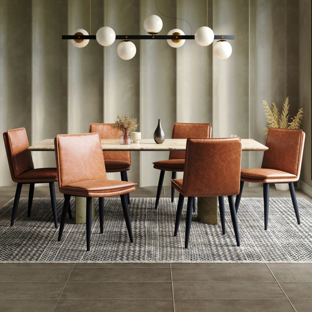 Set di 6 sedie da pranzo in PU marrone con doppio cuscino; gambe in metallo; stile moderno