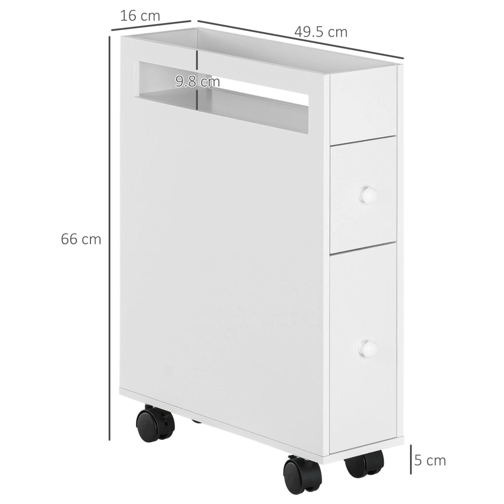 Armadietto da bagno con 2 cassetti, vano aperto, ruote e freni, per spazi piccoli, bianco, 16 × 49,5 × 66 cm