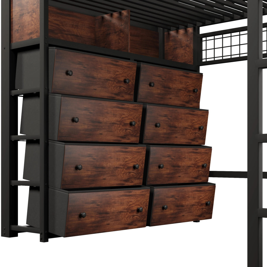 Letto a soppalco 140x200 cm con 8 cassetti, scaffali, pannello forato e LED
