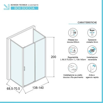 Box doccia 70x140x70 cm con porta scorrevole trasparente H 200 cm Ted