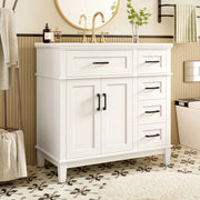 Mobile sottolavabo con lavabo in ceramica, 1 ribalta, 4 cassetti e doppia anta, per bagno, bianco, 90 × 46 × 87 cm