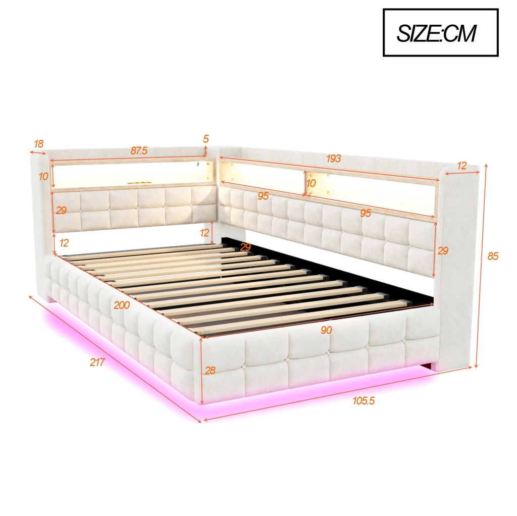 Divano letto imbottito 90x200 cm in velluto beige con contenitore; LED e USB