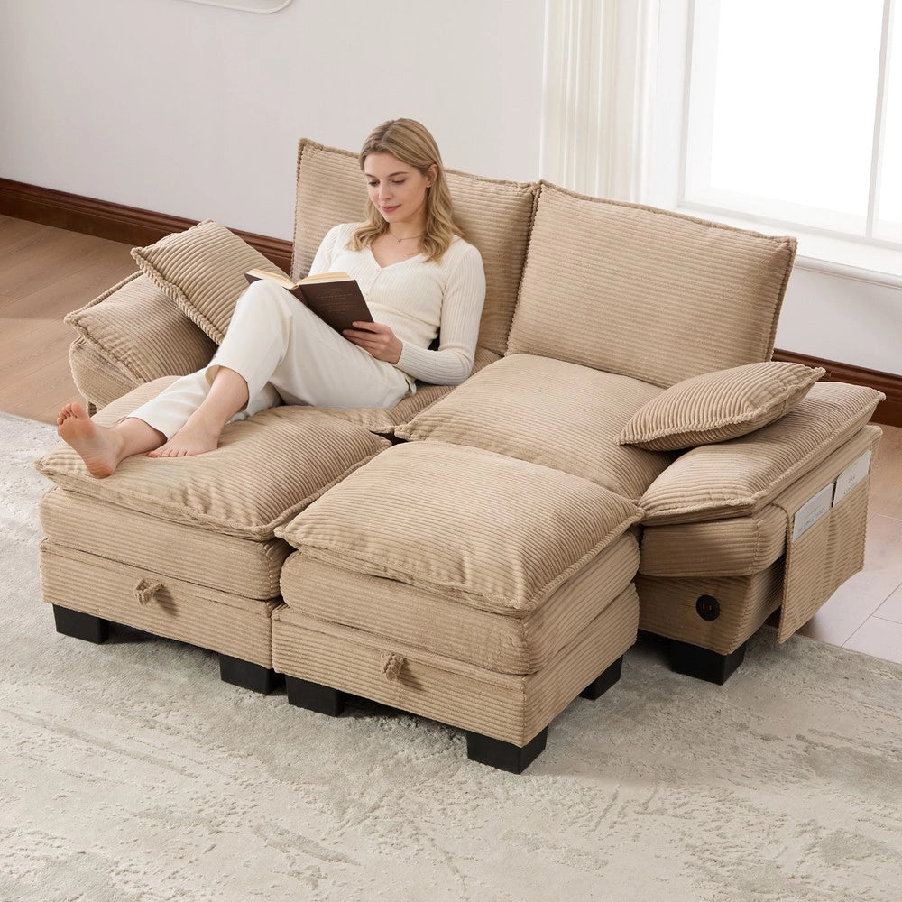 Divano 2 Posti con Poggiapiedi in Tessuto ¨C Xylo ¨C Beige/Khaki