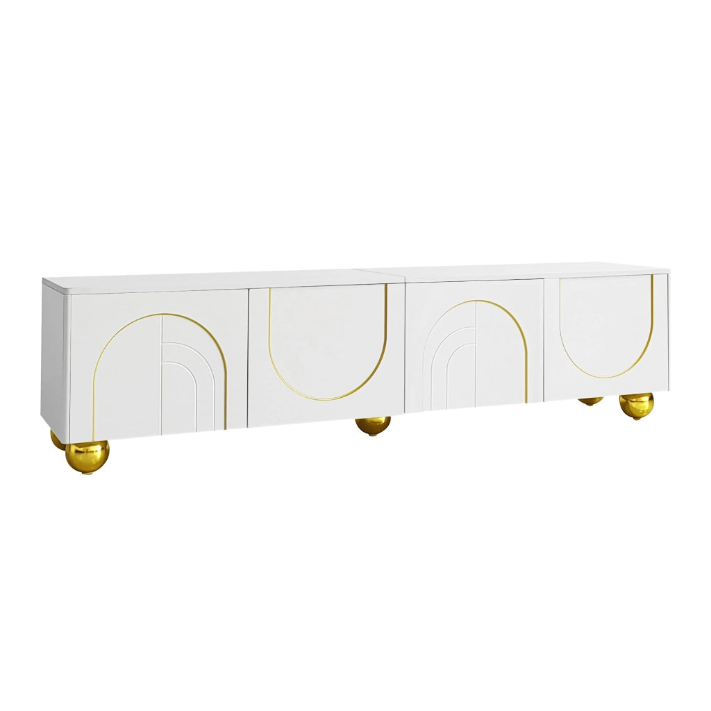 Mobile TV con 4 Ante Push-to-Open e Ripiani; Cerniere Ammortizzate; Maniglie e Piedini Dorati; Bianco; 170??38??44 cm