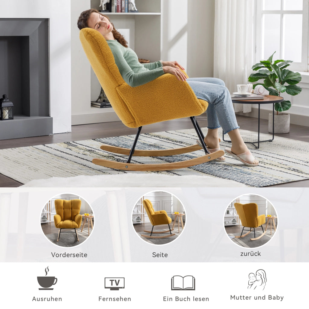 OKWISH Poltrona a Dondolo, Schienale Alto Ergonomico e Braccioli Imbottiti, Base in Legno e Metallo, Teddy Giallo 80 x 70 x 95 cm