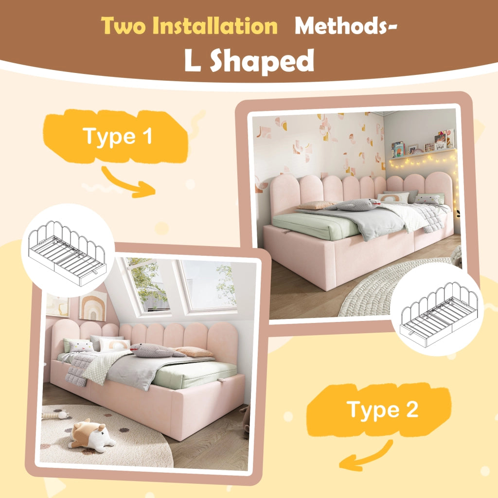 Letto a Divanetto 90 x 190 cm; Contenitore - in Velluto - Rosa