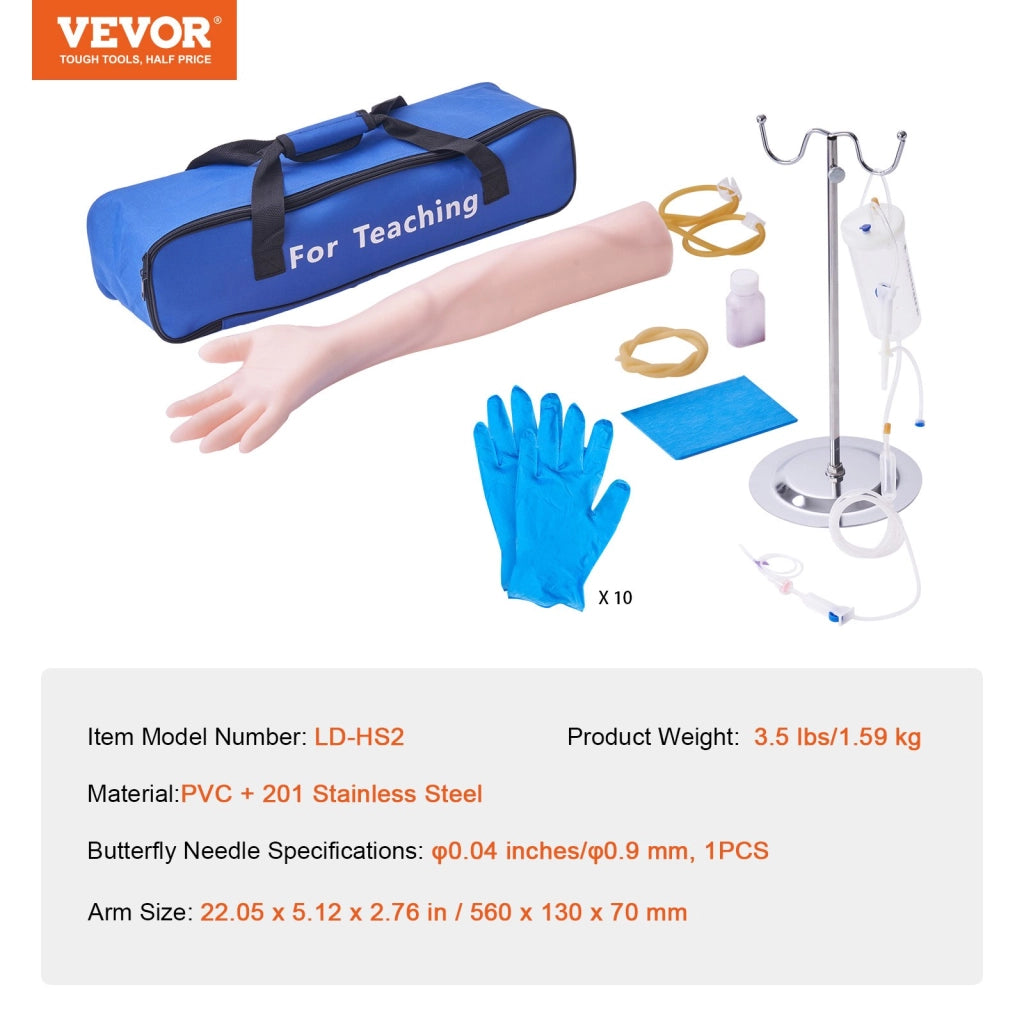 Kit Braccio per Pratica e Formazione Venipuntura LD-HS2 in PVC e Acciaio Inox con Supporto Regolabile e Borsa
