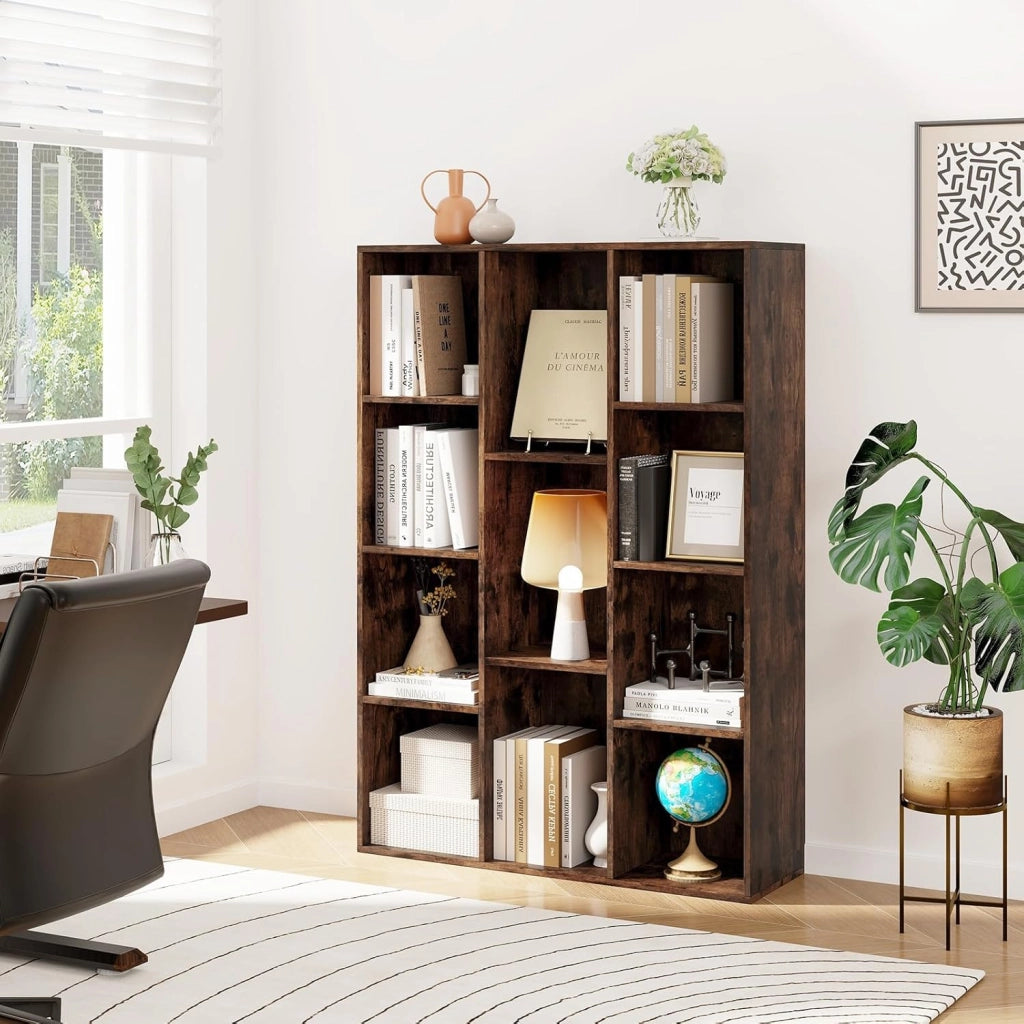 Libreria a 11 scomparti, libreria a scaffale con 2 kit antiribaltamento e pannelli posteriori chiusi, mobile portaoggetti in legno, 74 x 24 x 106 cm (marrone)