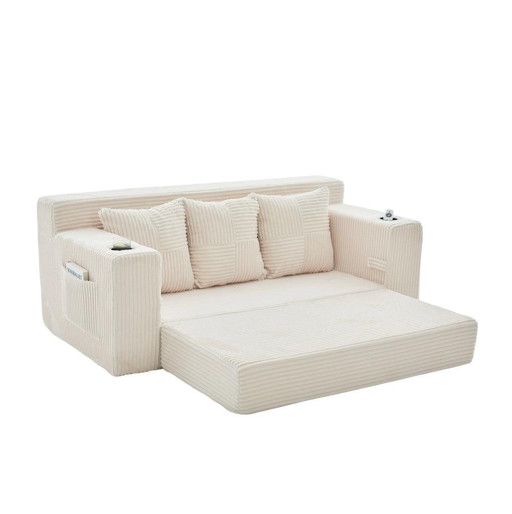 Divano modulare ULEVR 172x87x64 cm a 2 posti, con portabevande e tasche laterali, velluto a coste beige