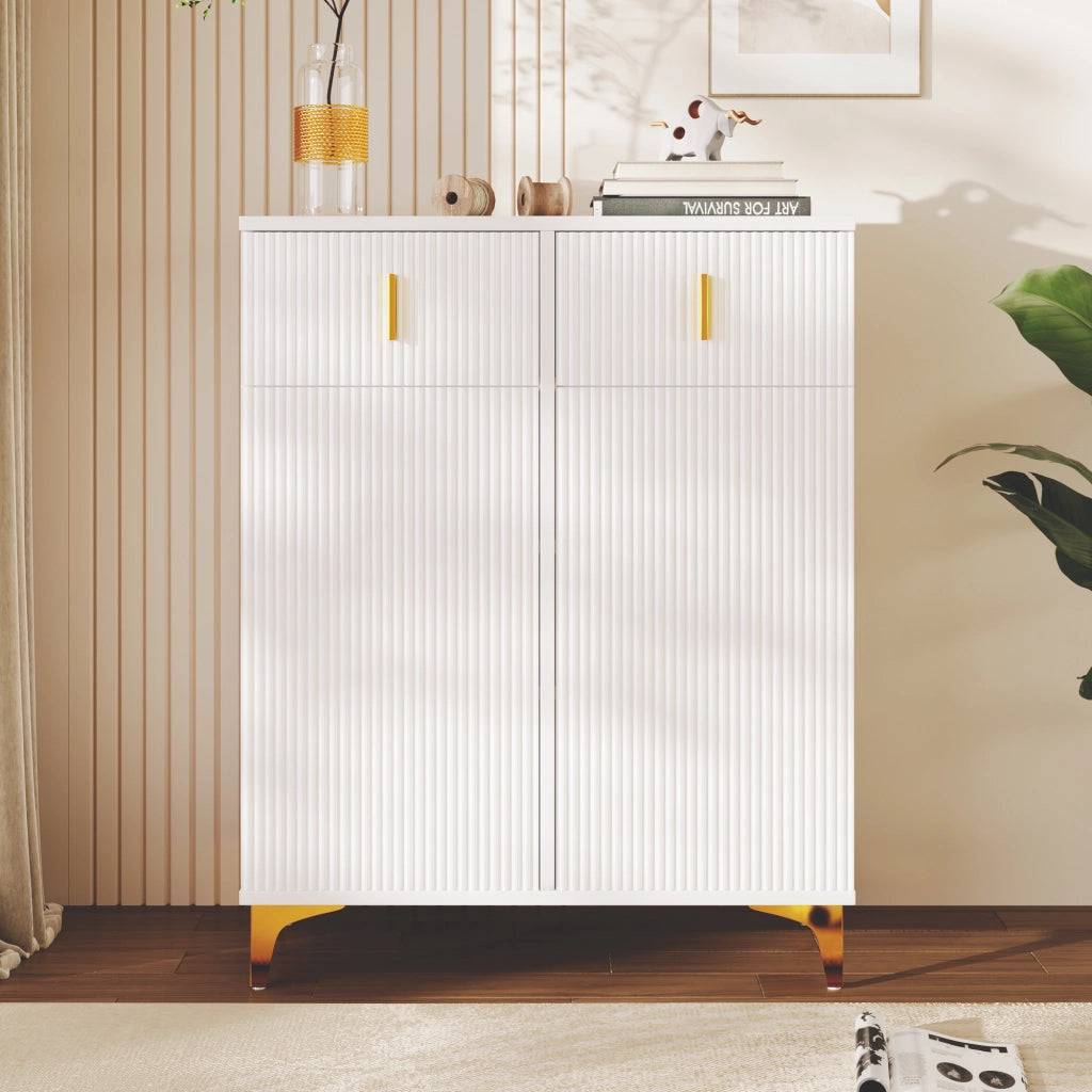 Credenza con 2 Ante e 2 Cassetti; Ripiani Regolabili; Push-to-open; Stile Elegante; in Pannello Di Particelle; Bianco; 83×35×101 cm