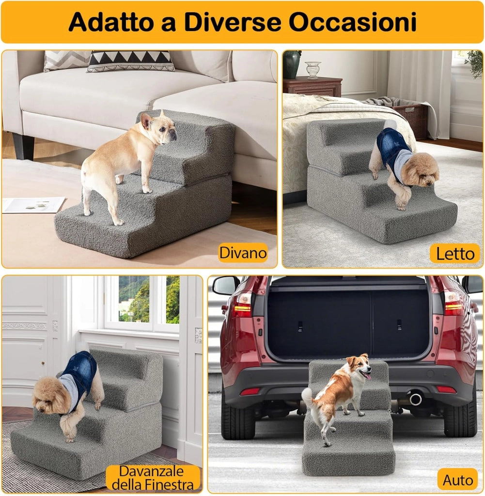 Scalette in Schiuma a 4 Gradini, Rampa per Cani Pieghevole con Fondo Antiscivolo e Copertura Rimovibile e Lavabile per Letto Alto Divano, Scala per Cani e Gatti, 60 x 40 x 40 cm