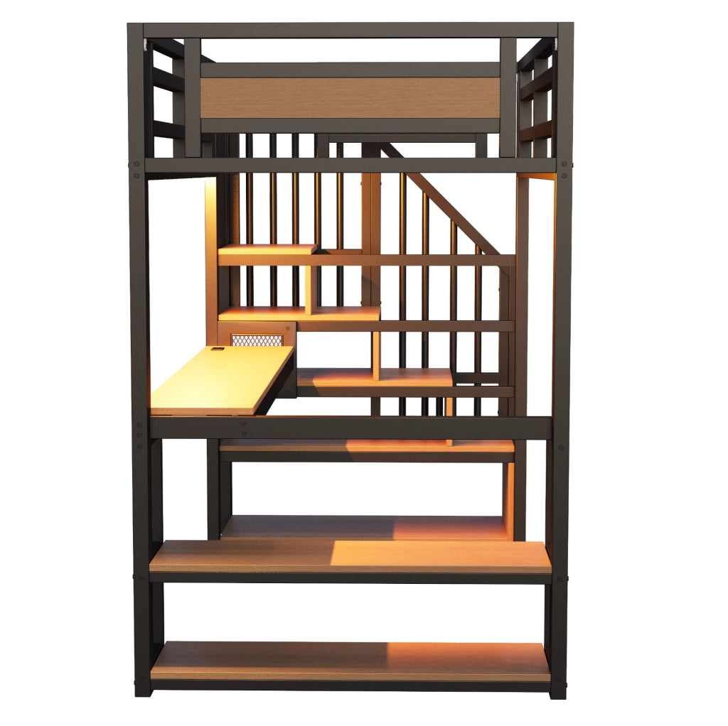 Letto a soppalco 90x200 cm in metallo nero con scala contenitore; scrivania e scaffali