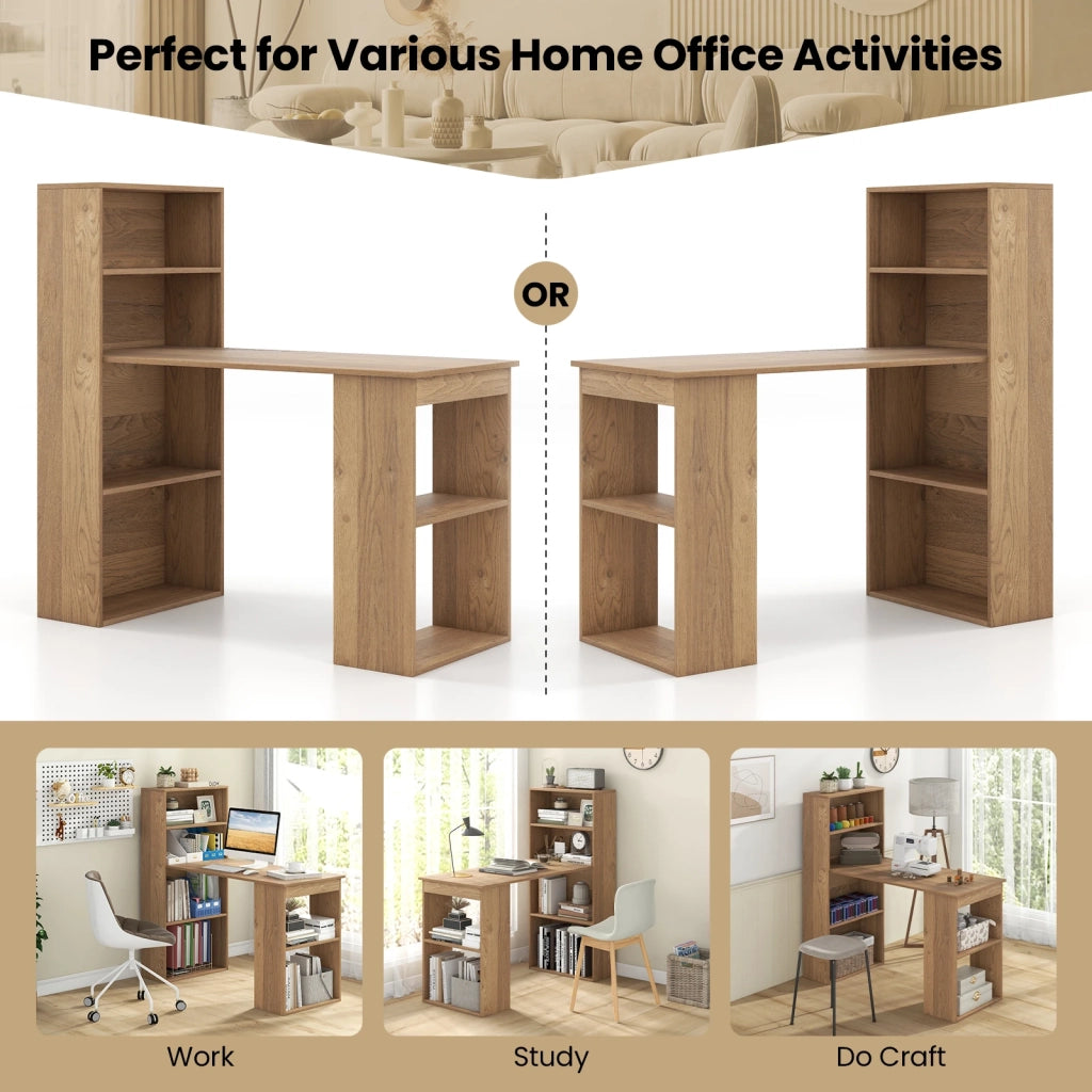 Scrivania per computer 48 Inch con libreria a 4 ripiani e supporto CPU, legno MDF colore naturale, salvaspazio per casa e ufficio