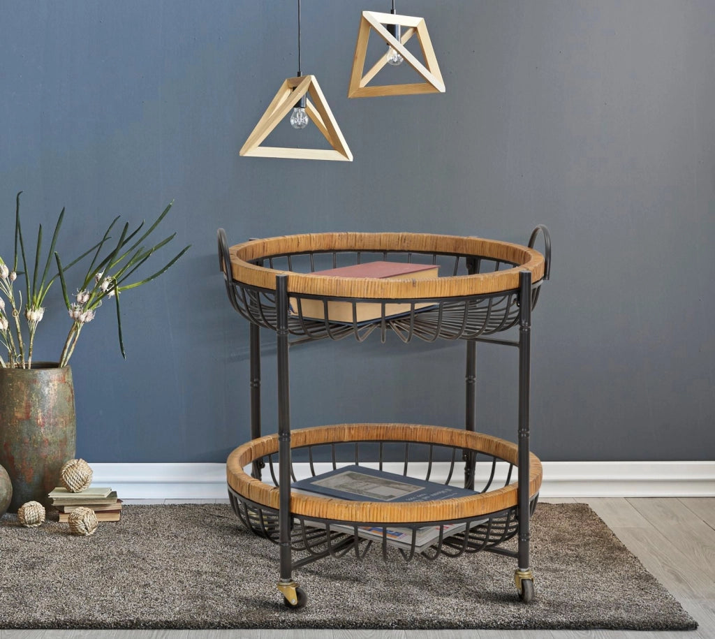 Carrello 2 Ripiani 57x55,5x62,5 cm con Ruote in Metallo e Rattan