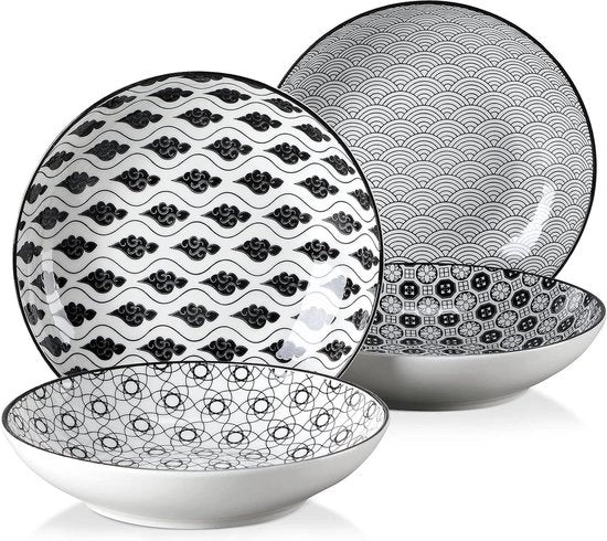 Set di Ciotole in Porcellana per Zuppa - Stile Giapponese - Servizio Bianco e Nero - Ciotola per Zuppa 700ml - Ciotola per Ramen e Zuppa con Frullatore per Noodles e Snack - Dimensioni 21x21x45 cm