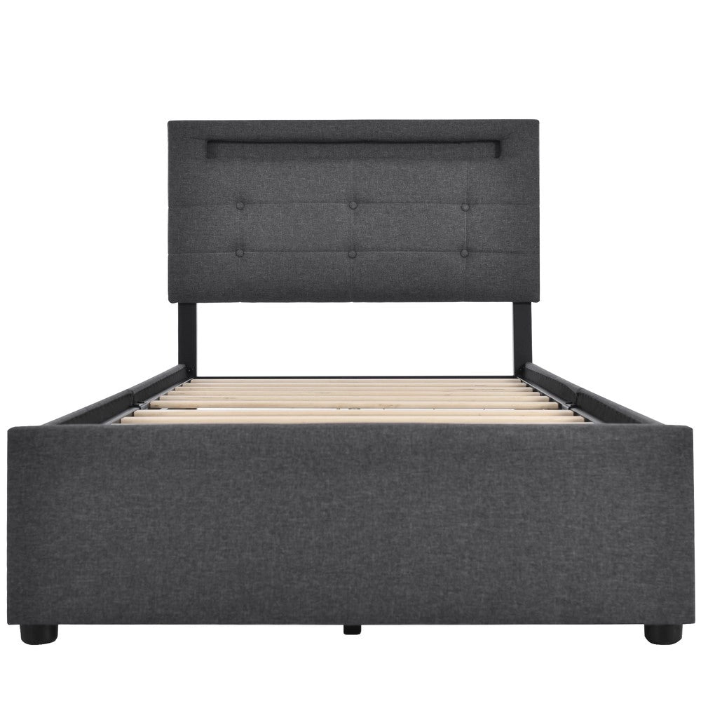 Letto Singolo Imbottito con LED e Cassetti ¨C MINIMAL ¨C Grigio 90x200 Testiera Regolabile Doghe in Legno