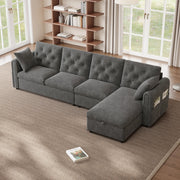 Divano angolare convertibile con vano contenitore e tasche laterali, in Velluto Grigio 281 × 132 × 86 cm