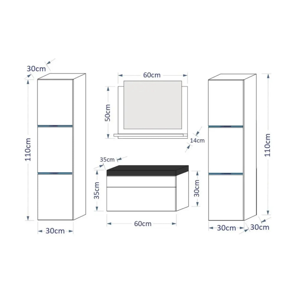 Set di mobili da bagno neri, collezione RAVEN. 2 colonne, mobile sottolavabo, lavabo 60 cm, specchio, sifone e LED.