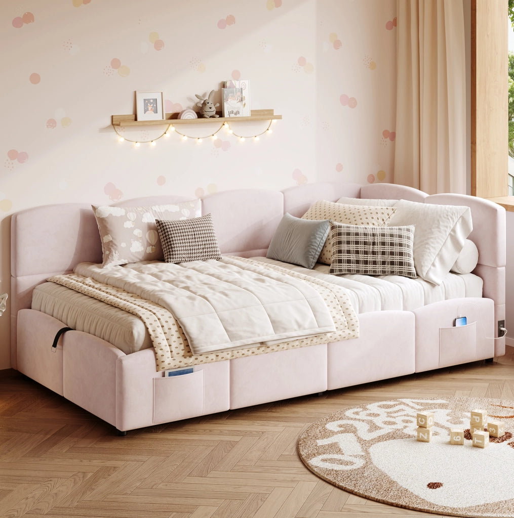 Letto singolo imbottito 90x200 cm con contenitore idraulico; USB-A e USB-C; velluto rosa