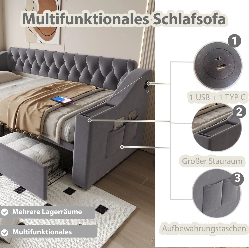 Divano letto imbottito 90x190 cm in velluto grigio con contenitore; USB e USB-C