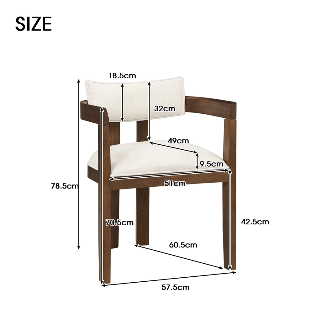 Set 2 sedie da pranzo con braccioli; struttura in legno massello e lino; noce