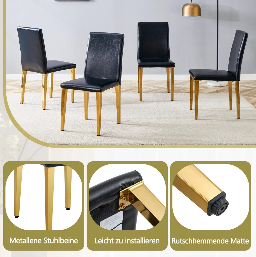 Set di 2 sedie da pranzo moderne in PU nero con gambe in metallo oro; 90 cm