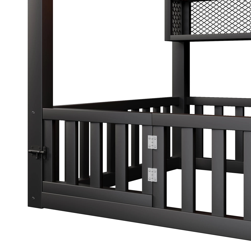 DESMIU Letto a Casetta per Bambini 1 Posto con Sponda e LED 90 × 200 cm, senza materasso, in Metallo, Nero