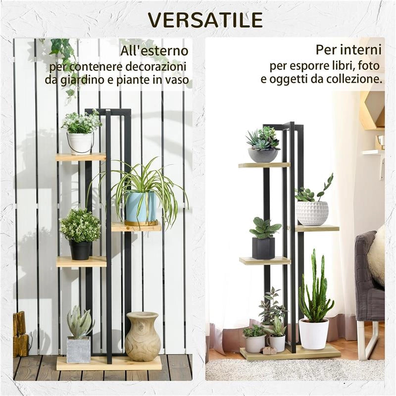 PORTAPIANTE A 4 RIPIANI DALLO STILE INDUSTRIALE IN LEGNO DI ABETE E METALLO 45X25X110 CM NERO E COLOR LEGNO