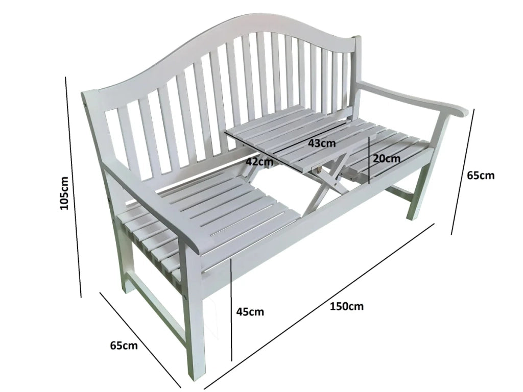Panca da giardino con tavolo in legno di acacia, laccato bianco 3 volte