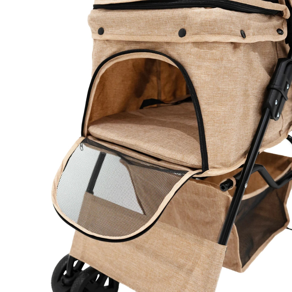 Passeggino Animali Pieghevole Beige Cane Gatto Tettuccio Antipioggia