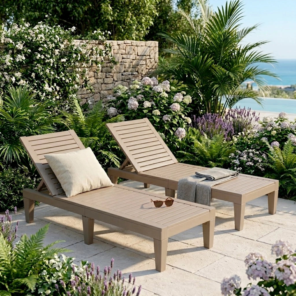 Set 2 Lettini Prendisole Con Schienale Reclinabile 5 Posizioni In Polipropilene Effetto Legno Per Piscina Giardino Spa 190 x 57.5 x 29 Cm Marrone