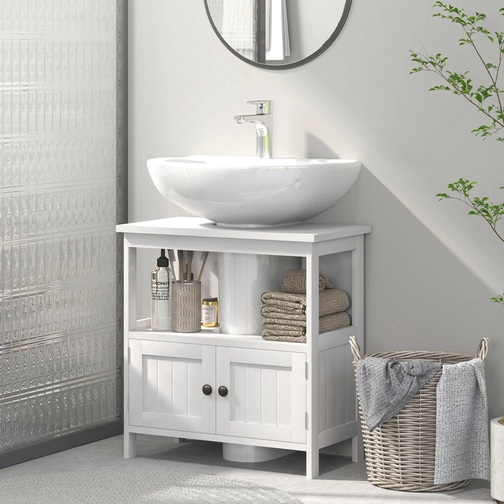 Mobile Sottolavabo Intaglio a U 60x30x60 cm Ripiano Aperto e Armadietto in MDF Bianco