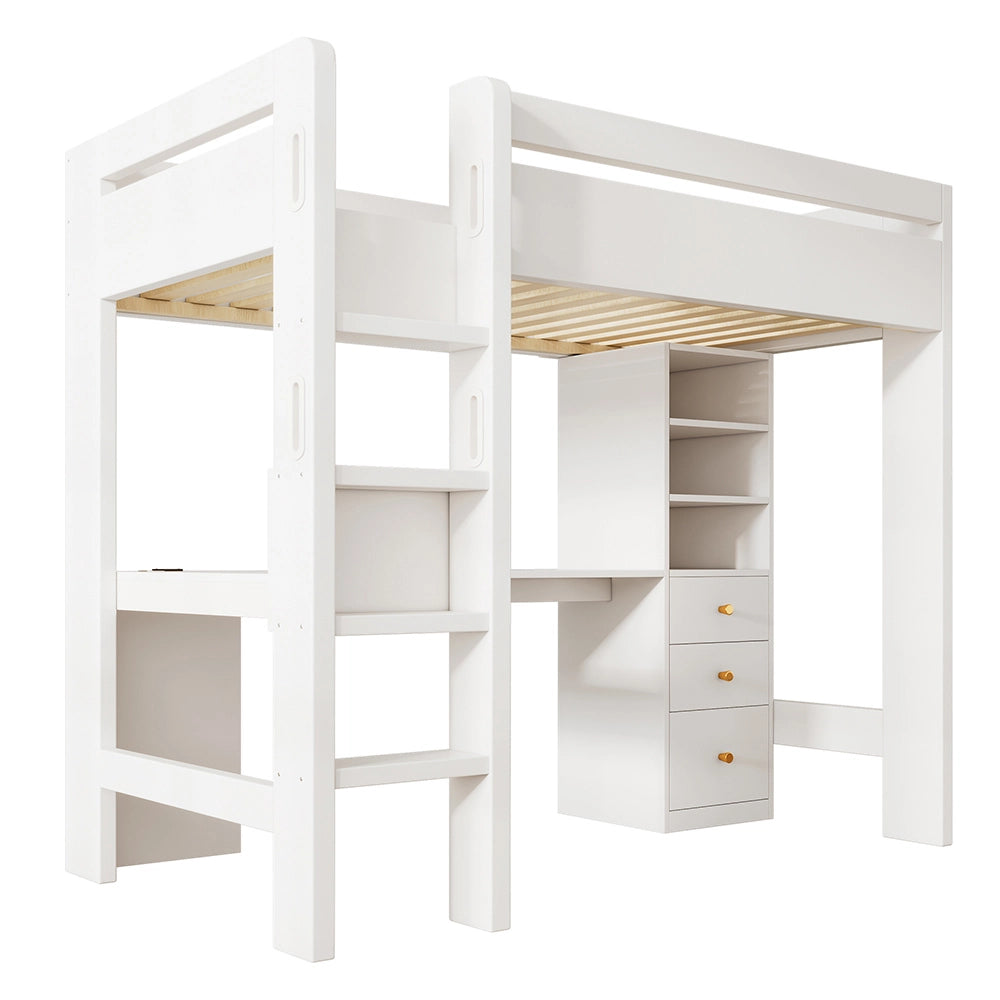 Letto a castello-Xylo-90x200 cm-scrivania L, ripiani, cassetti, USB/Type-C, bianco