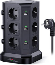 Pannello di Alimentazione Multifunzione per Connessioni Ilimitate - 12 Prese di Corrente - 6 Porte USB - Interruttori di Accensione/Spento - Cavo di 2m - Protezione Antioverload - 4000W - Nero