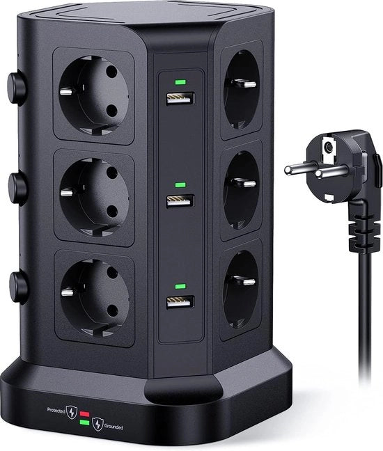 Pannello di Alimentazione Multifunzione per Connessioni Ilimitate - 12 Prese di Corrente - 6 Porte USB - Interruttori di Accensione/Spento - Cavo di 2m - Protezione Antioverload - 4000W - Nero