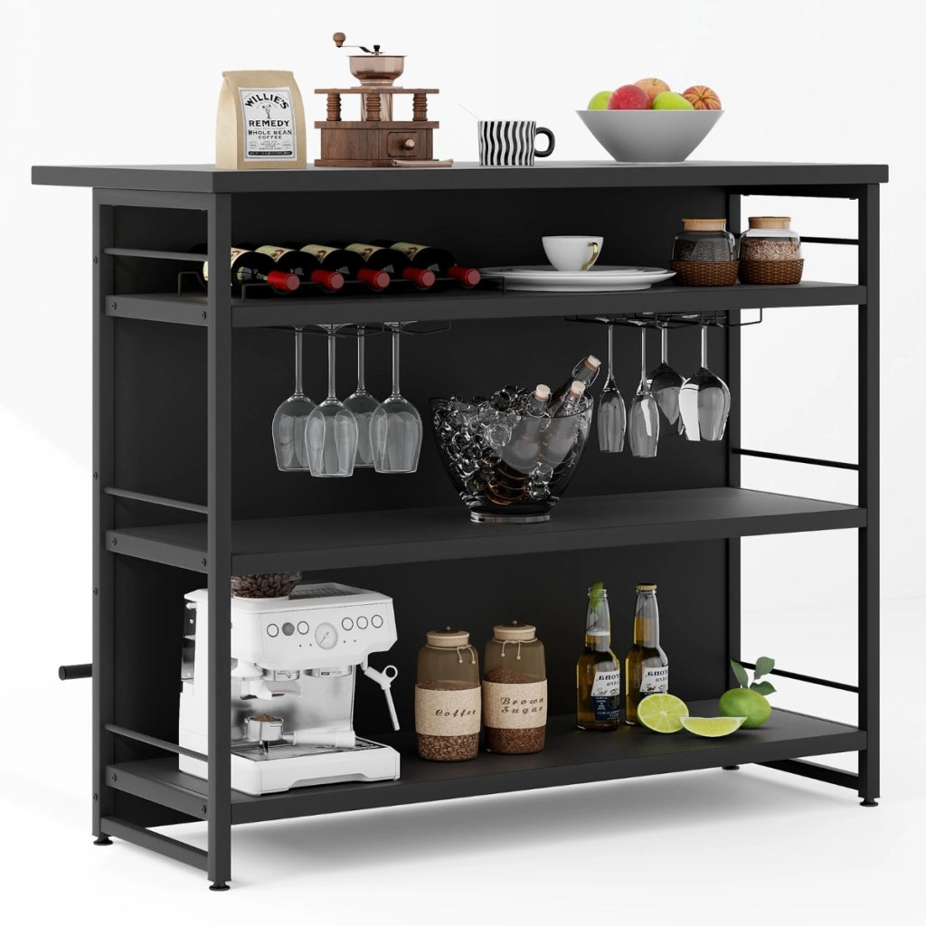 Isola cucina stile industriale con 3 ripiani aperti portabottiglie e porta calici-Mobile bar con poggiapiedi Nero