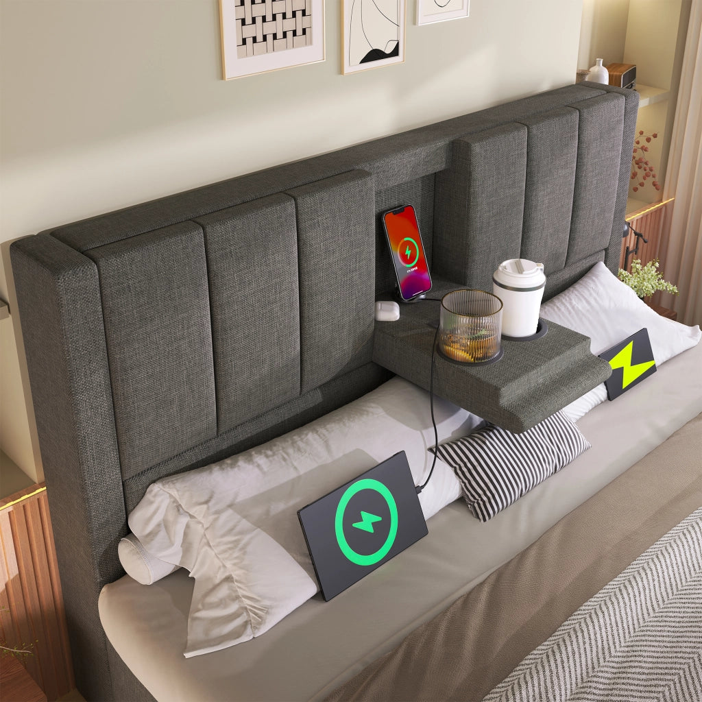 LETTO Contenitore 180x200 cm in lino grigio con USB e portabicchieri