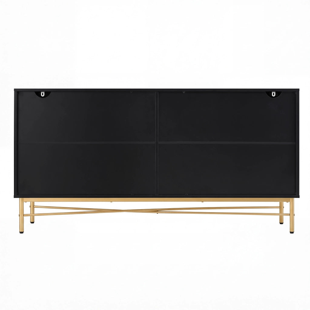 Credenza e madia con 4 ante e chiusura soft-close, dettagli dorati, per soggiorno, nera, 160 × 40 × 82 cm