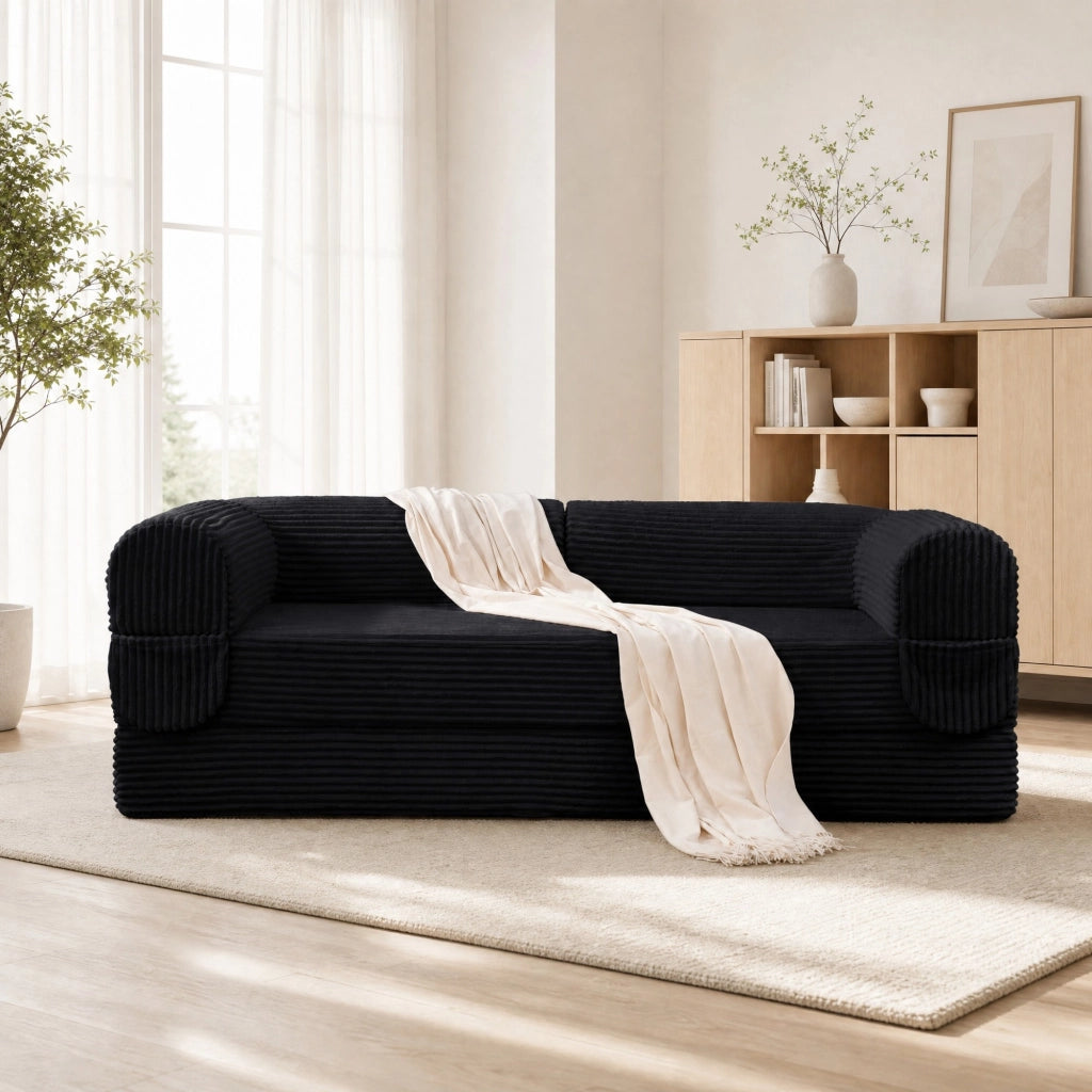 Divano letto 2 posti trasformabile in tessuto a coste nero; design salvaspazio