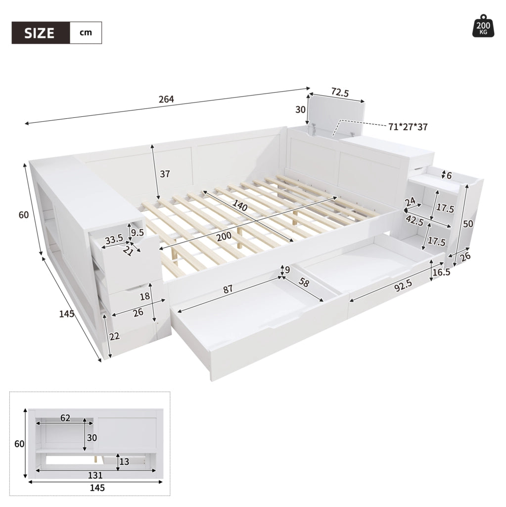 Letto multifunzione 140x200 cm con contenitore; cassetto e comodino estraibile; bianco in MDF