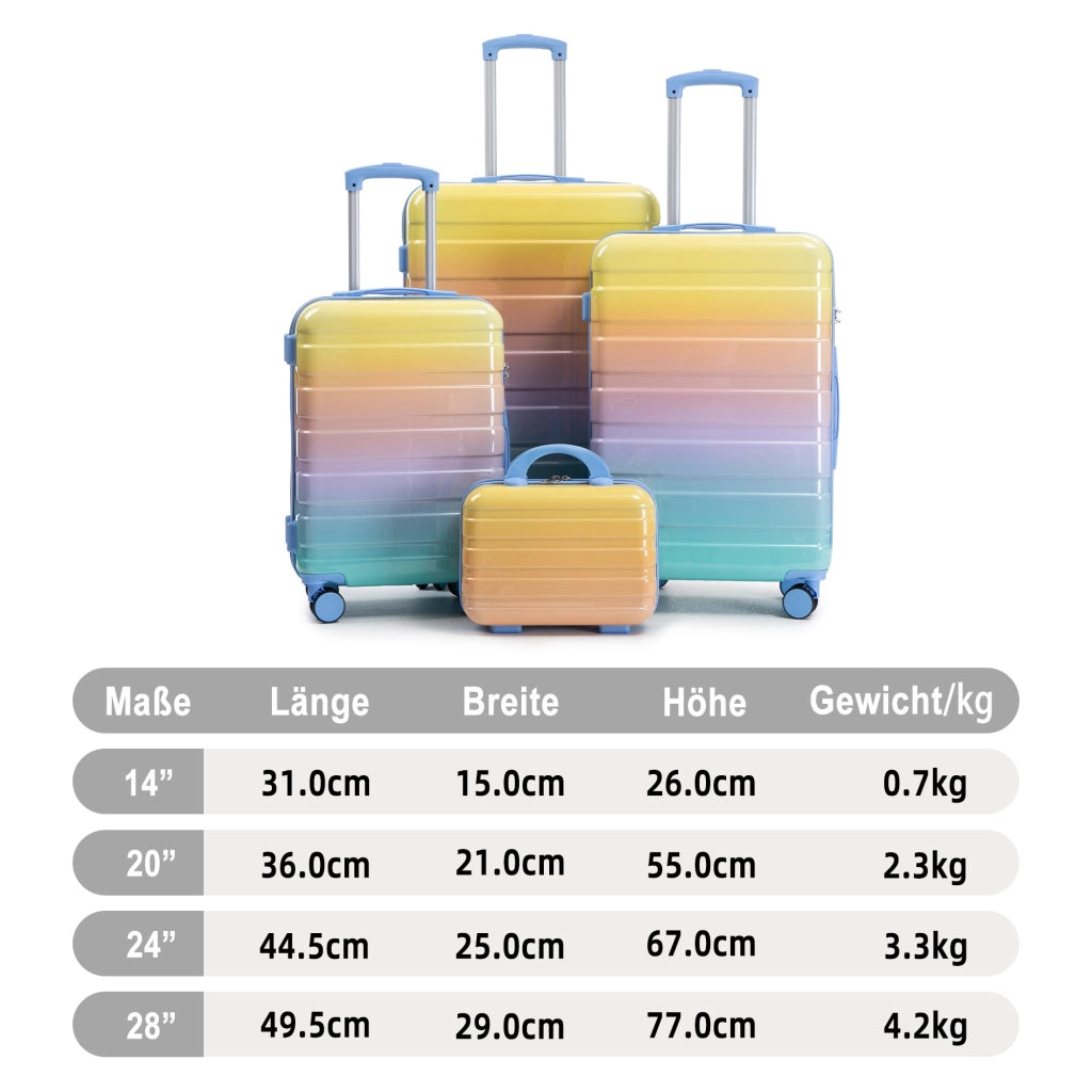 Set di valigie 4 pezzi con lucchetto a combinazione, ruote doppie 360°, manico telescopico, pc, giallo