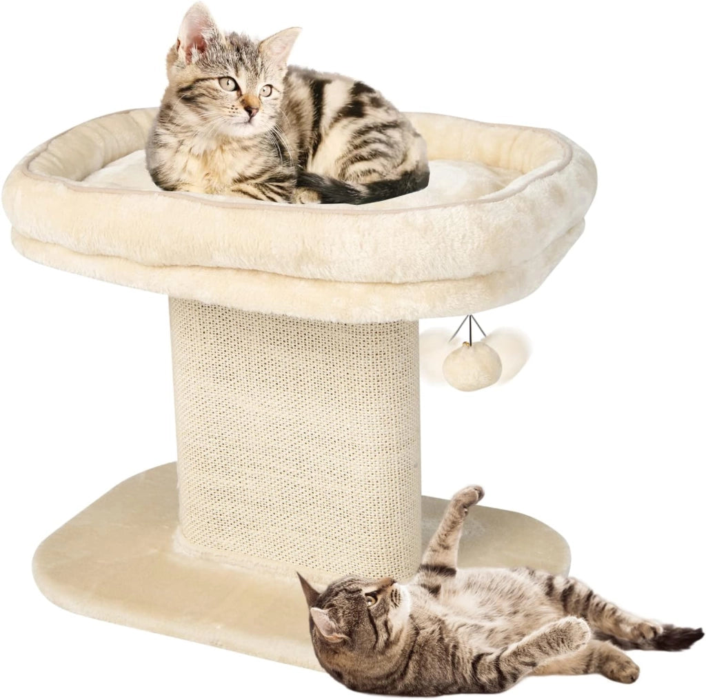 Tiragraffi per Gatti, Albero con Grande Cuccia in Peluche e Sisal, Palla, da Divano in Legno per Gatti Piccoli, Portata 20 kg (Beige)