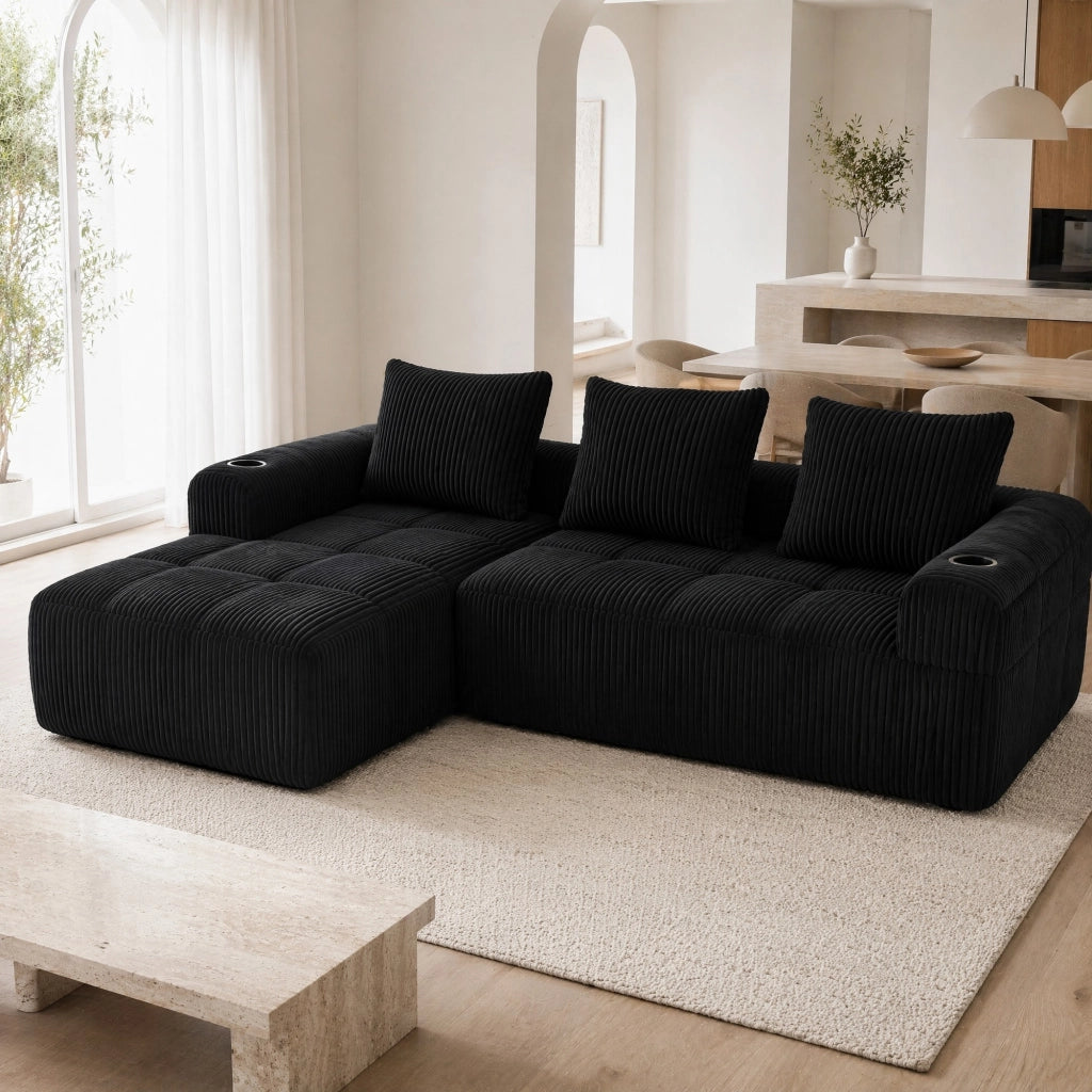 SOFA Modulare in tessuto corduroy 253x158x61 cm Nero con 3 cuscini