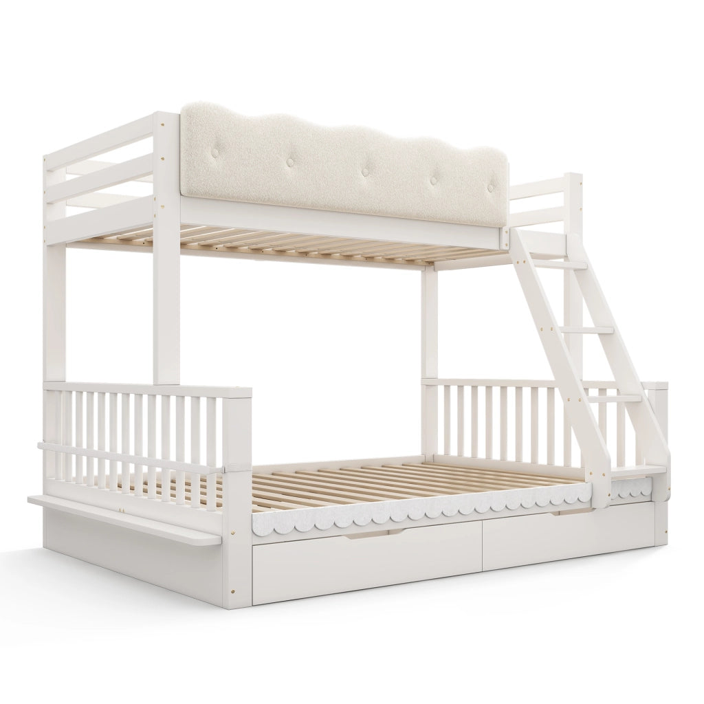 Letto a castello familiare 90x200/140x200 cm in legno, bianco, con cassetti e portagiornali