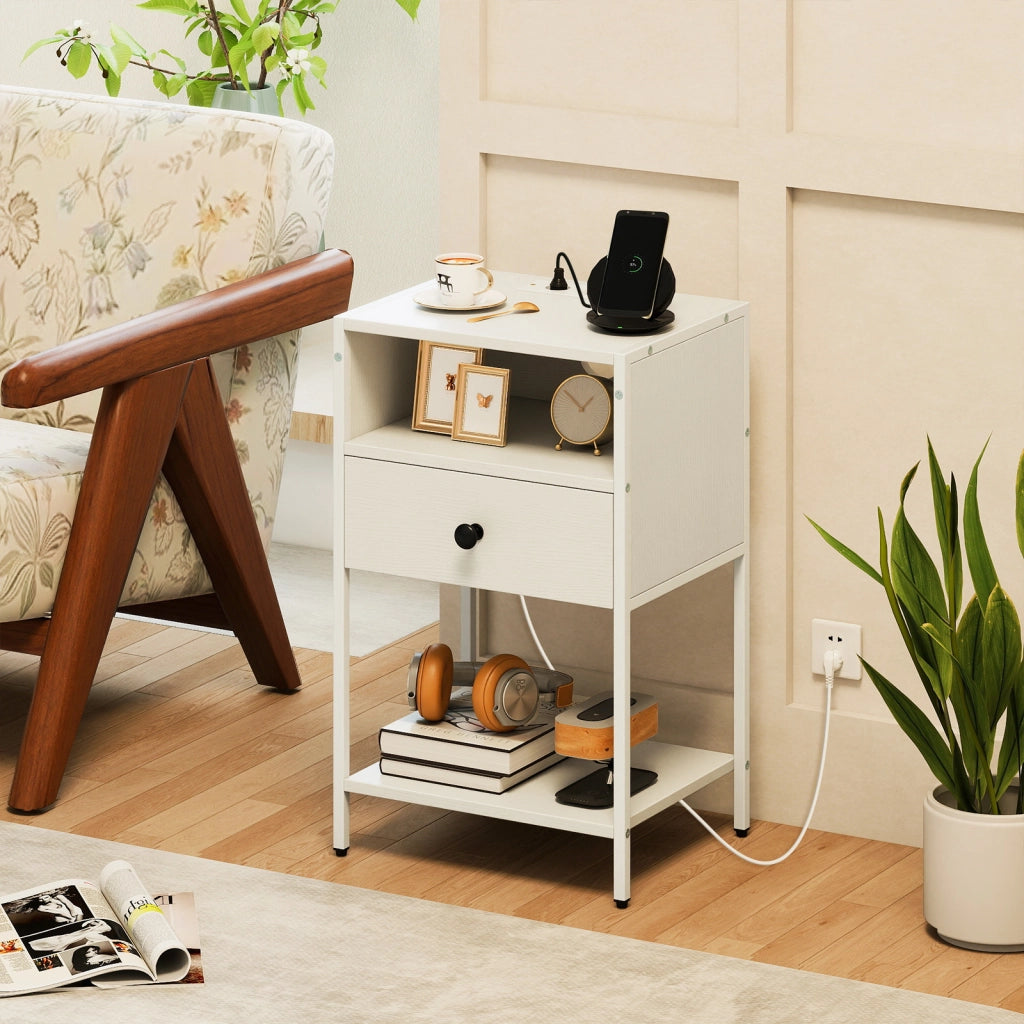 Comodino stazione ricarica stile industriale scomparto aperto cassetto, Tavolino ripiano inferiore compatto divano camera letto soggiorno Bianco