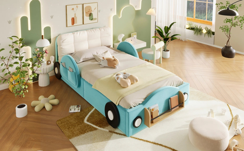 Letto imbottito ULEVR 90x200 cm con contenitore idraulico, tasche laterali e mensola per libri, blu