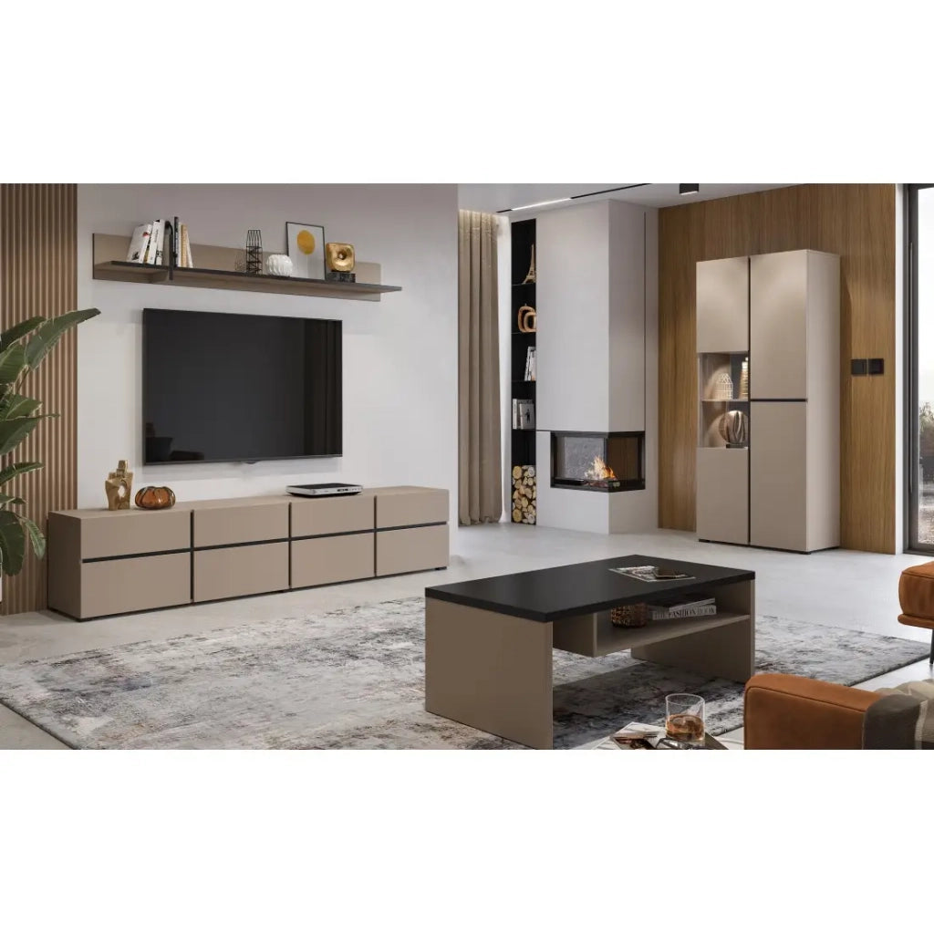 Tavolino basso HAVANA – Beige e nero – Piano nero opaco – Con nicchia – Eleganza delicata e moderna