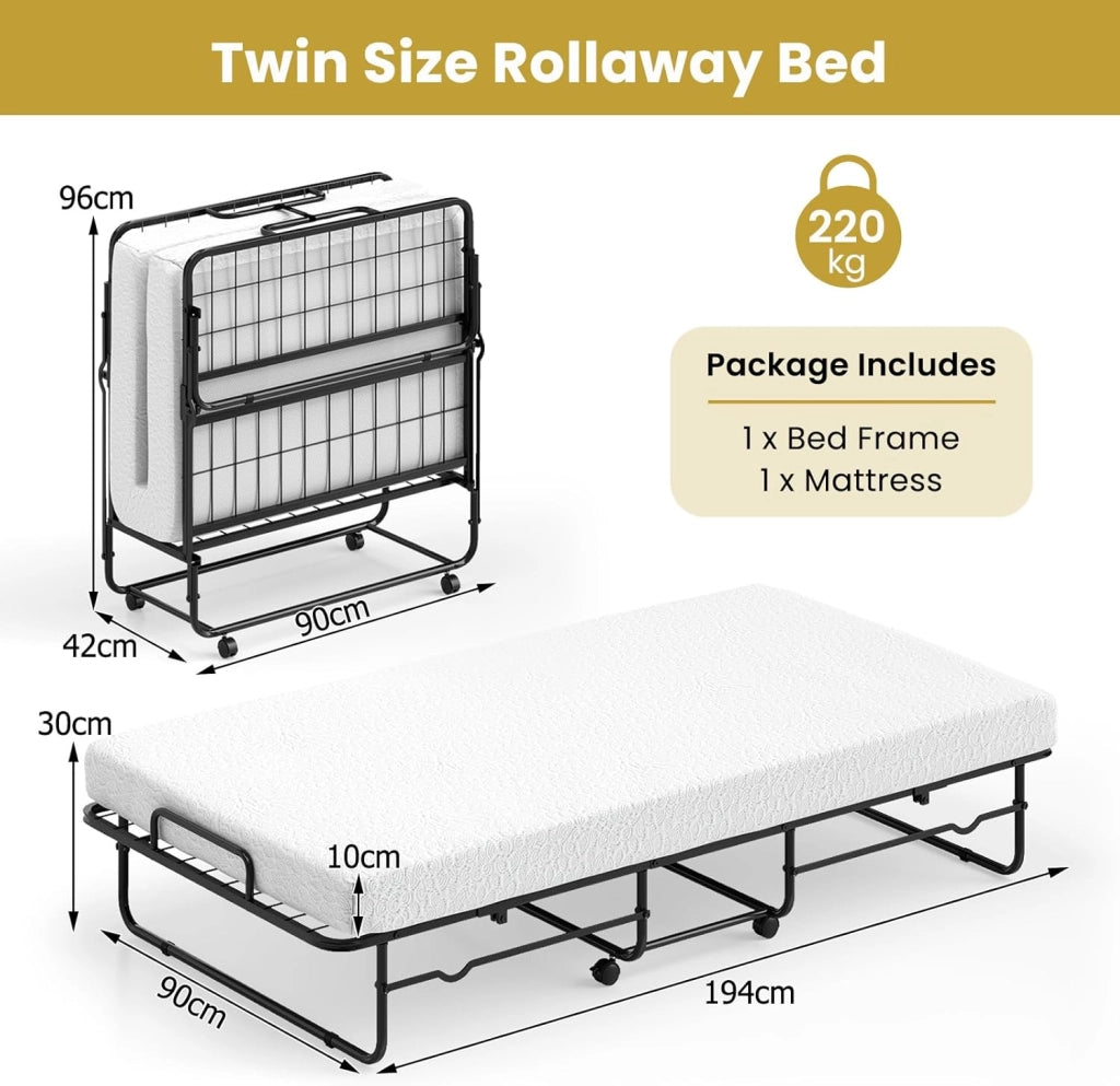Letto Singolo Pieghevole Portatile, 90x190 cm, Materasso in Schiuma Viscoelastica, Telaio in Metallo, 4 Ruote, Carico fino a 220 kg, Ideale per Hotel e Viaggio